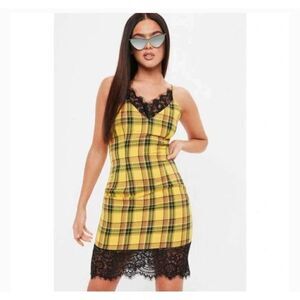 Missguided x Madison Beer Yellow Plaid Lace Trim Bodycon Mini Dress Strappy S 4